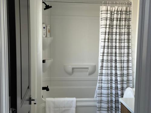 a bathroom with a shower with a shower curtain at Luxury Detached House Kingston in Kingston