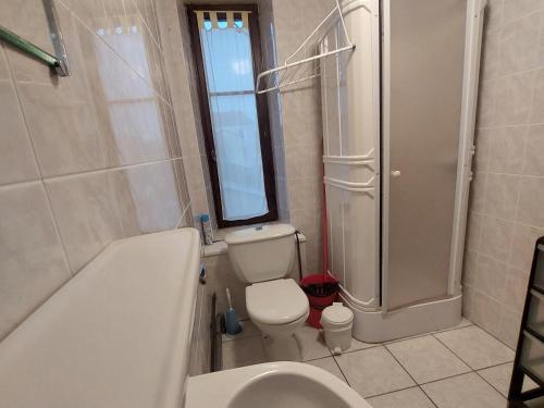 La salle de bains est pourvue d'une baignoire, de toilettes et d'un lavabo. dans l'établissement Les hortensias studio 6, à Bourbonne-les-Bains