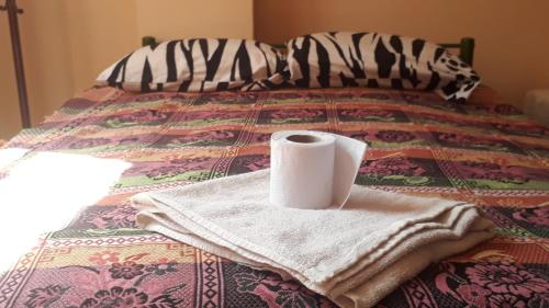 a roll of toilet paper sitting on top of a bed at Hostal Arco Iris del Lago in Copacabana