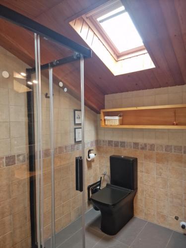 a bathroom with a black toilet and a skylight at La Buhardilla de Gavin in Gavín