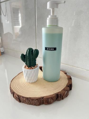 a bottle of water and a cactus on a wooden coaster at Rayyan Condominium @ Metrocity Square in Kuching
