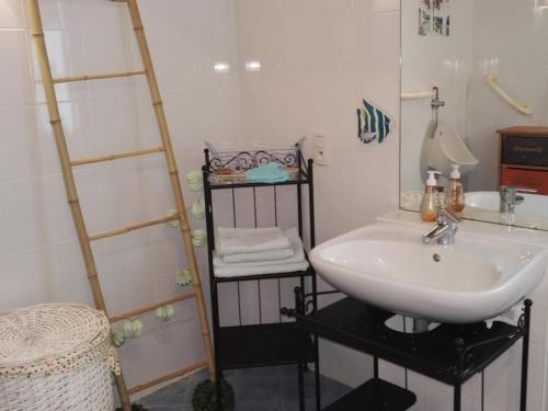baño con lavabo y estante con toallas en Gîte Thoiré-sur-Dinan, 4 pièces, 6 personnes - FR-1-410-195, en Thoiré-sur-Dinan