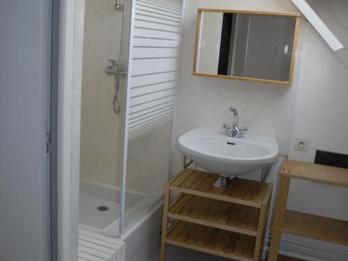 a bathroom with a sink and a shower at Gîte Montreuil-le-Henri, 5 pièces, 10 personnes - FR-1-410-184 in Montreuil-le-Henri