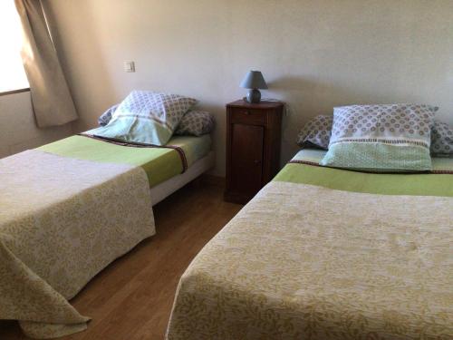1 dormitorio con 2 camas y lámpara. en Gîte Souvigné-sur-Sarthe, 3 pièces, 5 personnes - FR-1-410-191, en Souvigné-sur-Sarthe