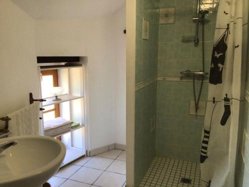 een badkamer met een wastafel en een douche bij Gîte Souvigné-sur-Sarthe, 3 pièces, 5 personnes - FR-1-410-191 in Souvigné-sur-Sarthe