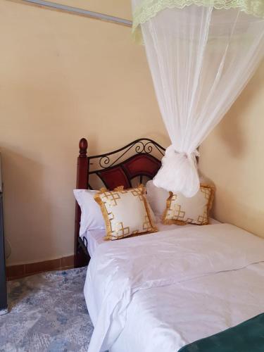 1 dormitorio con 1 cama blanca con dosel en Hakuna matata Airbnb, en Machakos