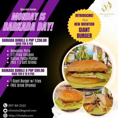 a flyer for a malayalamalamalam day with a hamburger at Villa Italia Hotel in Sorsogon