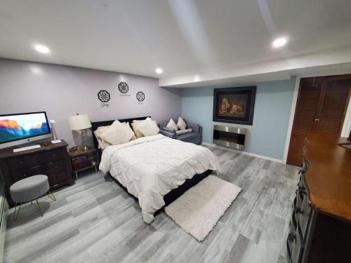 a bedroom with a bed and a flat screen tv at Lovely 2 bedroom Apartment with 2 Entrance and Parking in University Heights