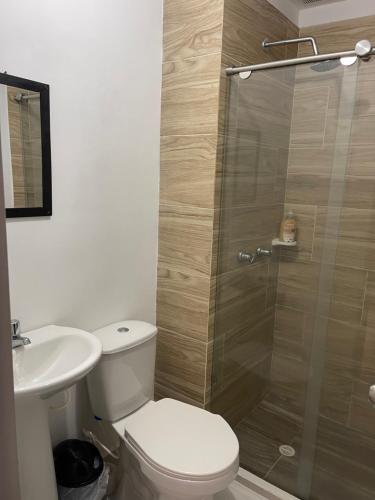 ein Bad mit einer Dusche, einem WC und einem Waschbecken in der Unterkunft Apartamento Santafe cartago V in Marinita