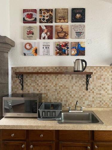 a kitchen counter with a sink and a microwave at Casa Brisa en Burgos Cuernavaca in Temixco