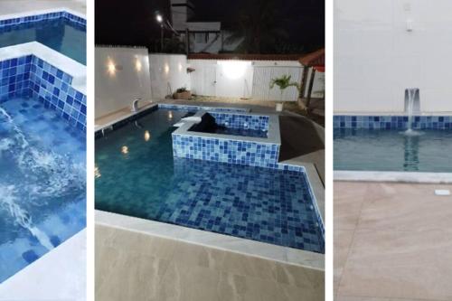 three pictures of a swimming pool with blue tiles at Casa de Veraneio em Itapema - BA in Santo Amaro