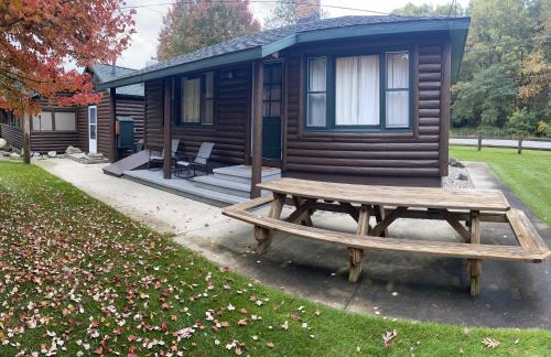 una cabaña de madera con una mesa de picnic delante de ella en South Shore Resort - The Blue Jay, en Twin Lake