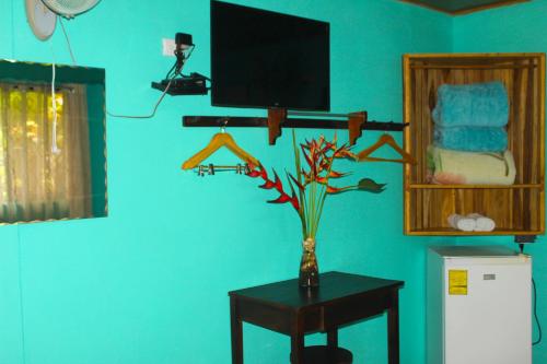 a room with a vase of flowers on a table with a television at Posada Río Celeste La Amistad in Rio Celeste