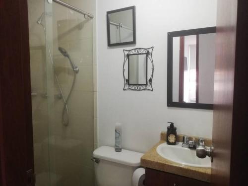 W łazience znajduje się prysznic, toaleta i umywalka. w obiekcie Apto. acogedor cerca de todo lo mejor de la ciudad w mieście Manizales
