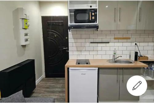 a kitchen with a sink and a black door at Appartement 2 pièces a louer in Saint-Denis