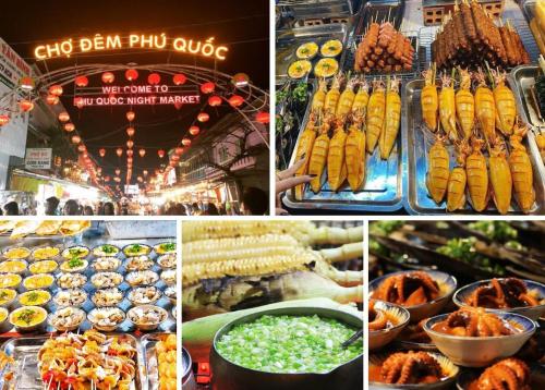 un collage de diferentes imágenes de alimentos en un mercado en Light House Phú Quốc en Phu Quoc