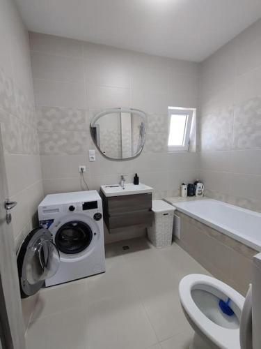 a white bathroom with a washing machine and a sink at FLH - AntHome in Sibiu