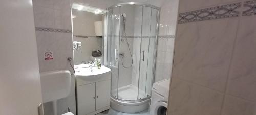 a bathroom with a shower and a toilet and a sink at Apartman MINNA2, free parking in Osijek