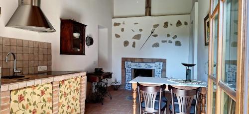 eine Küche mit einem Tisch und einem Kamin in der Unterkunft Fornace del Conte in Abbadia di Montepulciano