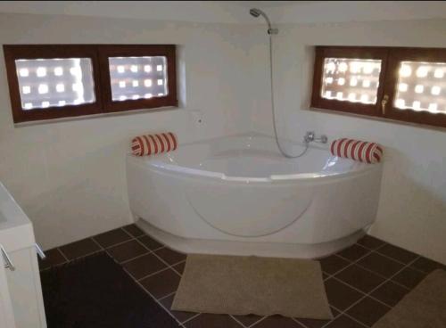 ウィーンにあるMichael's Nestのバスルーム(白いバスタブ、窓2つ付)