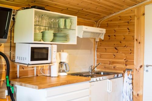 a small kitchen with a microwave and a stove at Mjällbyhus Pensionat & Stugby in Sölvesborg