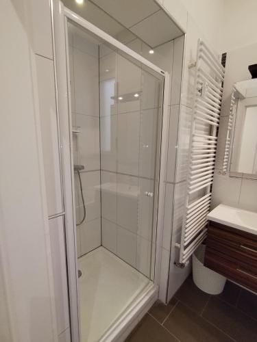 a glass shower in a bathroom with a sink at Appartement familial, calme et spacieux in Strasbourg