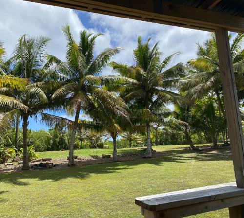 een park met palmbomen en een houten bank bij David's Fale, Alofi, Niue in Alofi