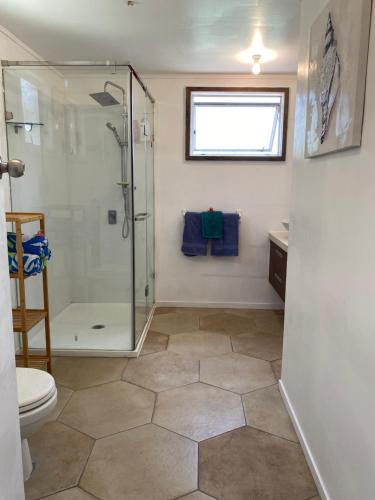 a bathroom with a shower and a toilet at David's Fale, Alofi, Niue in Alofi