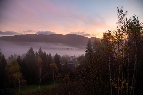 a view of a foggy valley with mountains and trees at Bojkowa Chata in Smerek