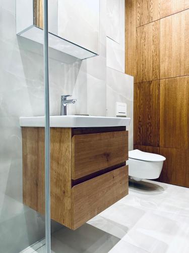 a bathroom with a sink and a toilet at BEBA SIGNATURE apartment in Košice