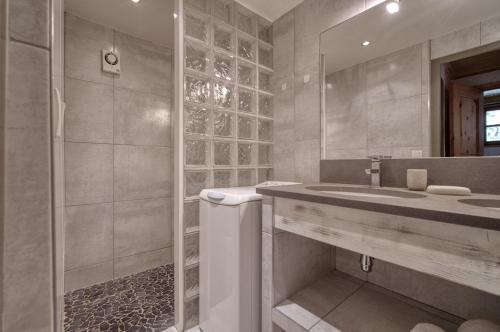 een badkamer met een douche, een wastafel en een spiegel bij Appartement Petite Charline in Tignes