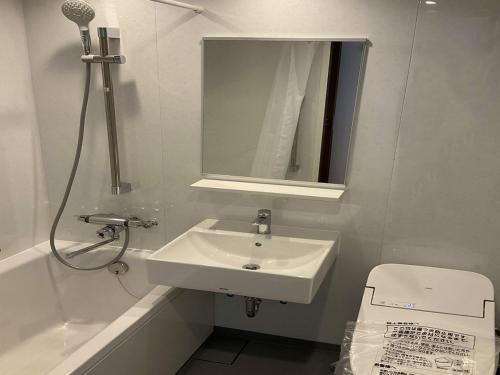 a bathroom with a sink and a mirror and a toilet at Marine Blue Yakushima in Yakushima