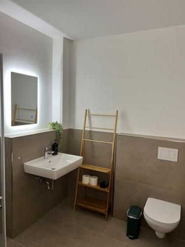 uma casa de banho com um lavatório e um WC em BnB Open Apartments Pader-City em Paderborn