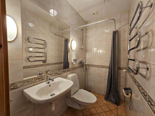 ヨンショーピングにあるヴィラ ビヨークハーゲンの洗面台とトイレを備えた白いバスルーム