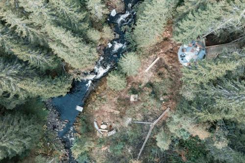 Letecký snímek ubytování Treetop igloo by the river