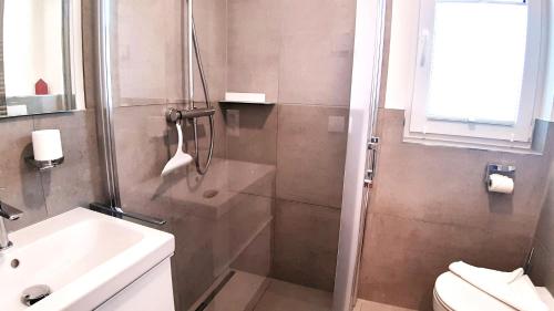 a bathroom with a shower and a toilet and a sink at Ferienhaus Kornblume in Breege