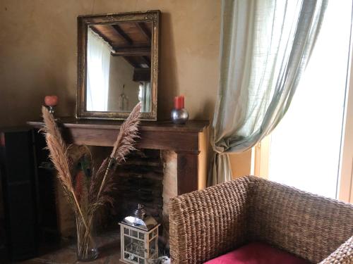 ein Wohnzimmer mit einem Spiegel und einem Kamin in der Unterkunft Maison Piffou in Malaussanne