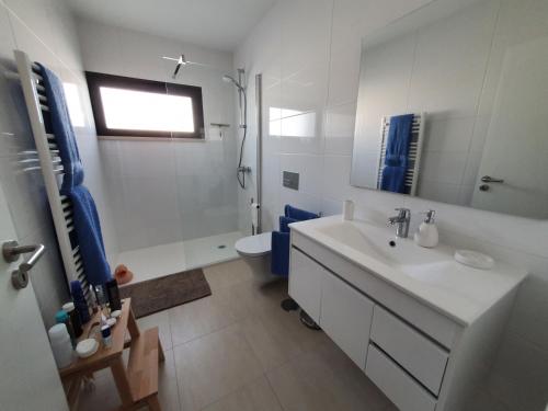 ein Badezimmer mit einem weißen Waschbecken und einer Dusche in der Unterkunft Casa Alegria Nadadouro in Nadadouro