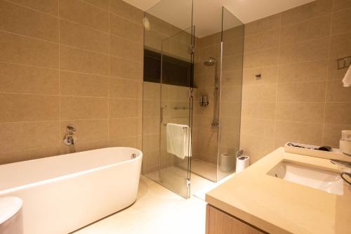 uma casa de banho com um chuveiro, uma banheira e um lavatório. em Faru Beachfront Villa Sanctuary Ho Tram em Ho Tram