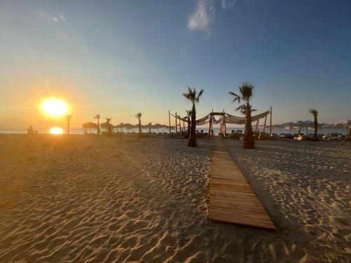 a wooden boardwalk on a beach with palm trees at Avaton Luxury Resort and Spa Access the Enigma - Adults Only & Kids 14 Plus- in Asprovalta