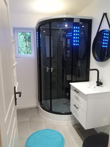 La salle de bains est pourvue d'une douche, d'un lavabo blanc et d'une baignoire. dans l'établissement Le Jean Moulin, à Bouglainval
