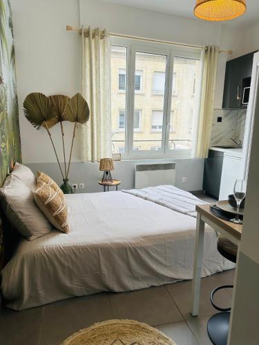 een slaapkamer met een groot bed en een raam bij Studio Bohème hypercentre in Amiens