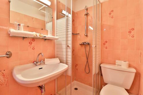 y baño con aseo, lavabo y ducha. en Logis Le Relais Imperial, en Saint-Vallier-de-Thiey