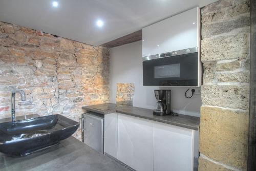 une cuisine avec un évier et un mur en pierre dans l'établissement Lyon centre, quartier Hôtel de ville, à Lyon
