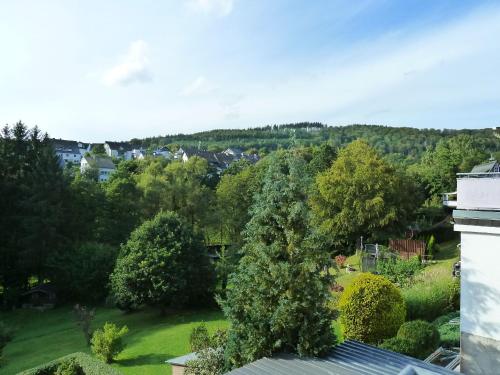 Blick auf einen Garten mit Bäumen und Häusern in der Unterkunft Ferienwohnung Klose in Schmallenberg