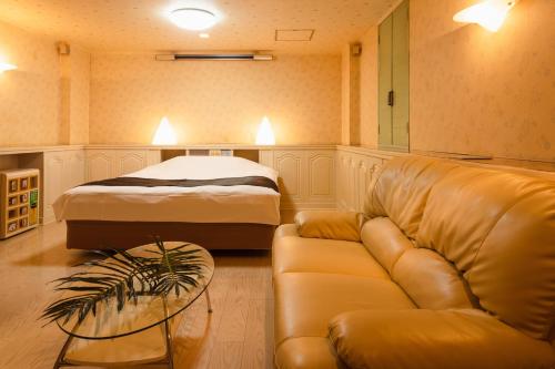 Santa no Ouchi-LoveHotel في ميازاكي: غرفة معيشة مع أريكة وسرير