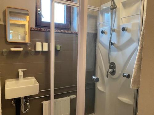a bathroom with a shower and a sink at Ferienwohnung Kompass nahe der Ostsee im Grünen in Bad Doberan