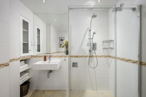 a bathroom with a shower and a sink at The Secret Library Hideaway - Royal Mile in Edinburgh
