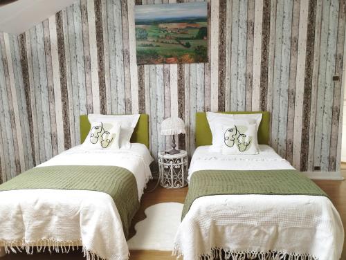 2 camas en una habitación con verde y blanco en Au nid d'hirondelles, en Selles