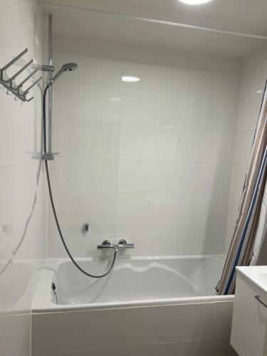 a white bath tub with a shower in a bathroom at Les écureuils in Éghezée